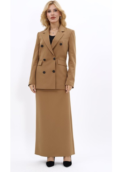 Erkek Yaka Kuruvaze Blazer Ceket & Uzun Düz Dar Etek-Camel indirimleri