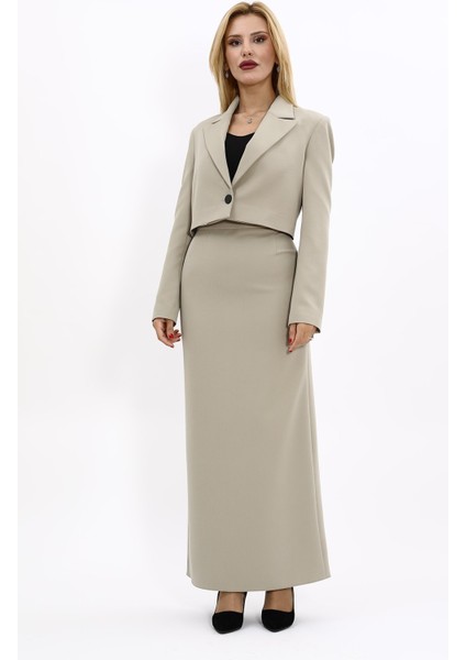 Erkek Yaka Tek Düğmeli Kısa Ceket & Uzun Düz Dar Etek-Bambu indirimleri