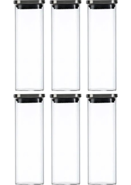 Vakum Krom Kapaklı Kare Cam Kavanoz 6x6*18 cm -600 ml Cam Baharatlık Saklama Kabı 6 Adet