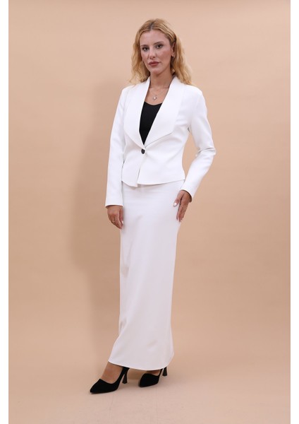 Amerikan Yaka Kısa Klasik Ceket & Uzun Düz Dar Etek-Beyaz fiyatları