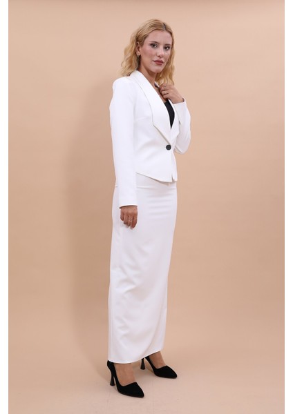 Amerikan Yaka Kısa Klasik Ceket & Uzun Düz Dar Etek-Beyaz modelleri