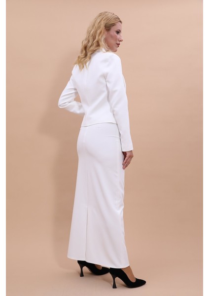 Amerikan Yaka Kısa Klasik Ceket & Uzun Düz Dar Etek-Beyaz fırsatları