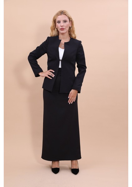 Sıfır Yaka Düz Kısa Ceket & Uzun Düz Dar Etek-Siyah