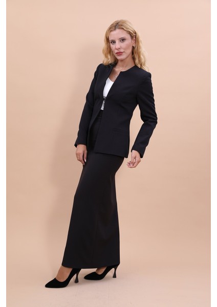 Sıfır Yaka Düz Kısa Ceket & Uzun Düz Dar Etek-Siyah modelleri