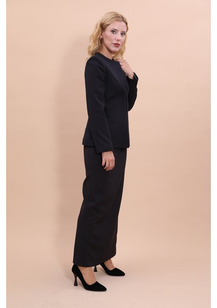 Sıfır Yaka Düz Kısa Ceket & Uzun Düz Dar Etek-Siyah fırsatları