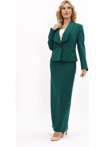 Amerikan Yaka Kısa Klasik Ceket & Uzun Düz Dar Etek-Zümrüt