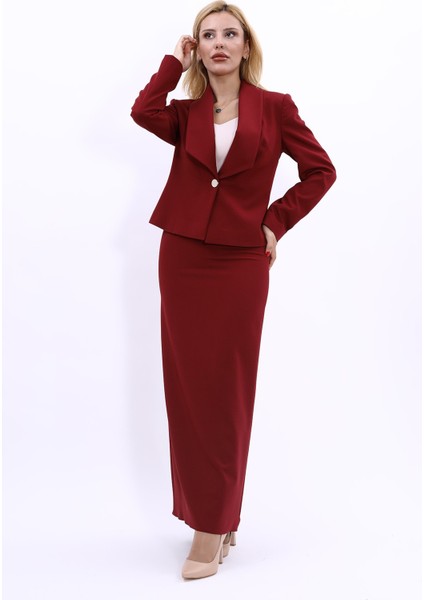 Amerikan Yaka Kısa Klasik Ceket & Uzun Düz Dar Etek-Bordo