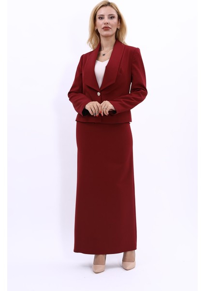 Amerikan Yaka Kısa Klasik Ceket & Uzun Düz Dar Etek-Bordo indirimleri