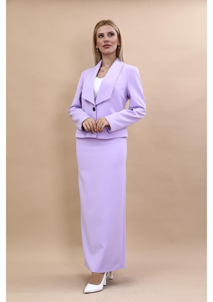 Amerikan Yaka Kısa Klasik Ceket & Uzun Düz Dar Etek-Menekşe