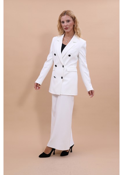 Erkek Yaka Kuruvaze Blazer Ceket & Uzun Düz Dar Etek-Beyaz