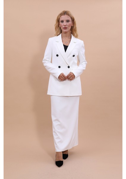 Erkek Yaka Kuruvaze Blazer Ceket & Uzun Düz Dar Etek-Beyaz fiyatları