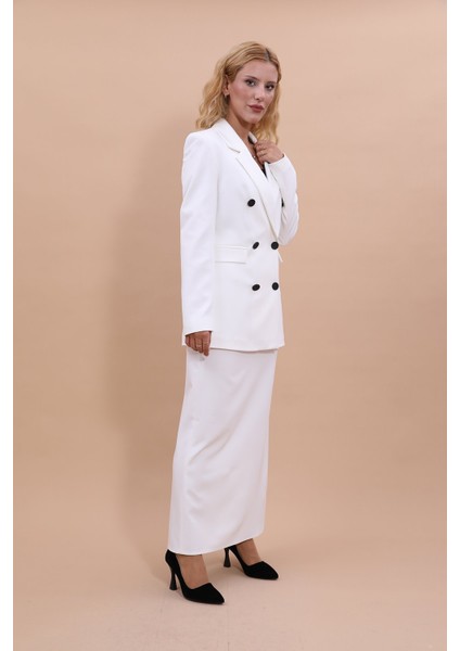 Erkek Yaka Kuruvaze Blazer Ceket & Uzun Düz Dar Etek-Beyaz modelleri