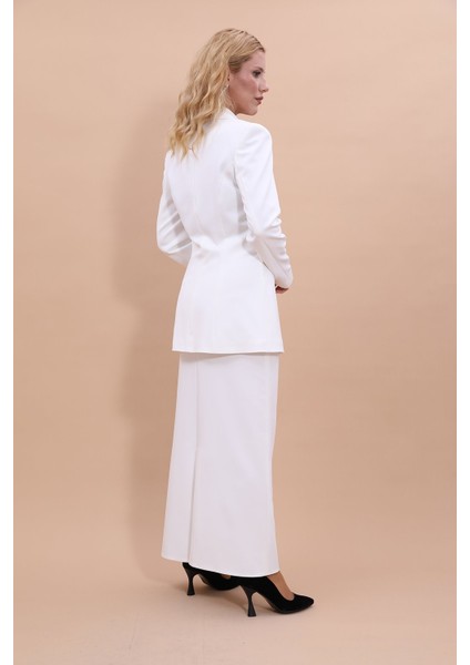 Erkek Yaka Kuruvaze Blazer Ceket & Uzun Düz Dar Etek-Beyaz fırsatları