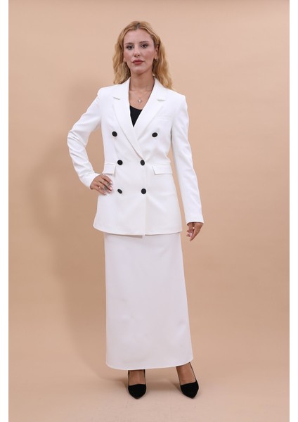 Erkek Yaka Kuruvaze Blazer Ceket & Uzun Düz Dar Etek-Beyaz indirimleri