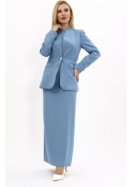 Kendinden Dik Yakalı Ceket & Uzun Düz Dar Etek-Deniz