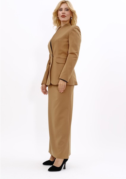 Kendinden Dik Yakalı Ceket & Uzun Düz Dar Etek-Camel fiyatları