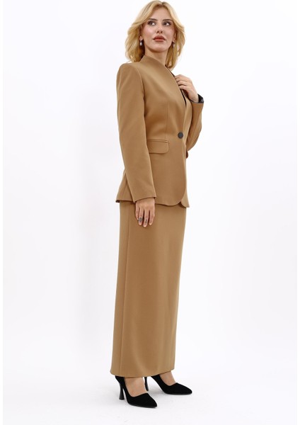 Kendinden Dik Yakalı Ceket & Uzun Düz Dar Etek-Camel modelleri