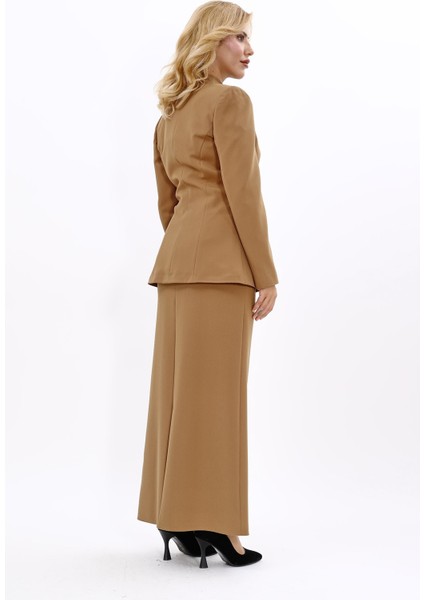 Kendinden Dik Yakalı Ceket & Uzun Düz Dar Etek-Camel fırsatları