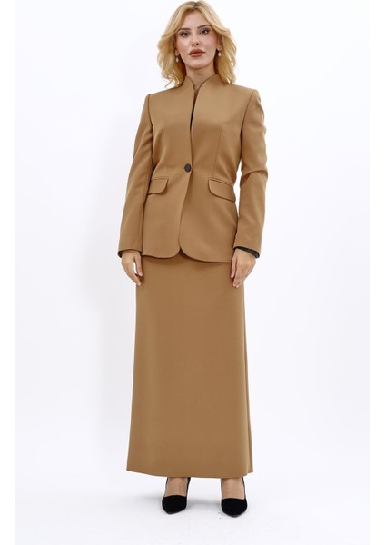 Kendinden Dik Yakalı Ceket & Uzun Düz Dar Etek-Camel indirimleri