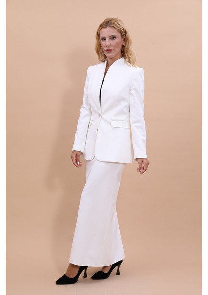 Kendinden Dik Yakalı Ceket & Uzun Düz Dar Etek-Beyaz