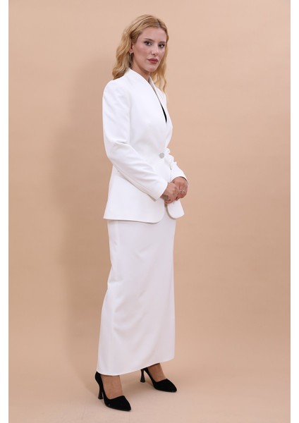 Kendinden Dik Yakalı Ceket & Uzun Düz Dar Etek-Beyaz fiyatları