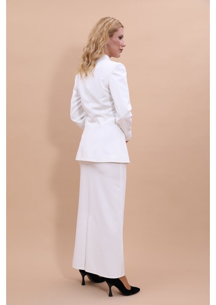 Kendinden Dik Yakalı Ceket & Uzun Düz Dar Etek-Beyaz modelleri
