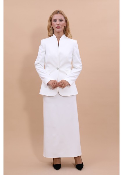 Kendinden Dik Yakalı Ceket & Uzun Düz Dar Etek-Beyaz fırsatları