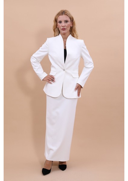 Kendinden Dik Yakalı Ceket & Uzun Düz Dar Etek-Beyaz indirimleri