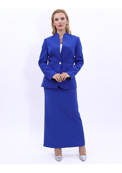 Kendinden Dik Yakalı Ceket & Uzun Düz Dar Etek-Saks