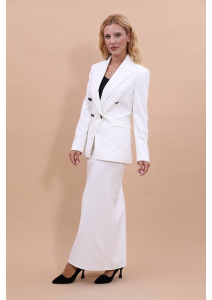 Erkek Yaka Çapraz Ceket & Uzun Düz Dar Etek-Beyaz