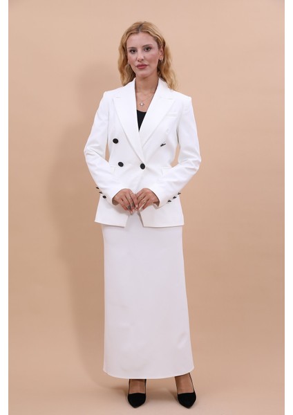 Erkek Yaka Çapraz Ceket & Uzun Düz Dar Etek-Beyaz fiyatları