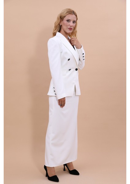 Erkek Yaka Çapraz Ceket & Uzun Düz Dar Etek-Beyaz modelleri