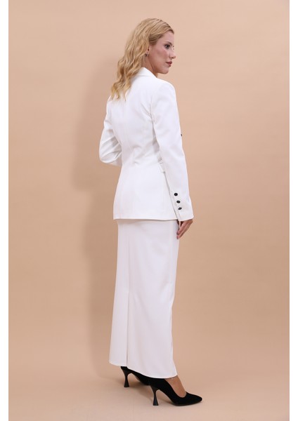 Erkek Yaka Çapraz Ceket & Uzun Düz Dar Etek-Beyaz indirimleri