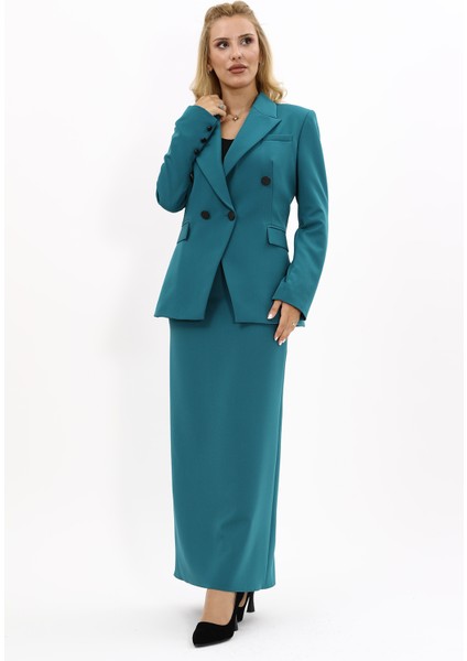 Erkek Yaka Çapraz Ceket & Uzun Düz Dar Etek-Petrol