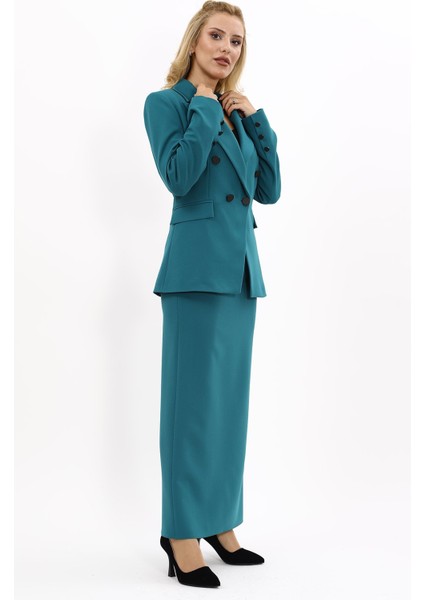 Erkek Yaka Çapraz Ceket & Uzun Düz Dar Etek-Petrol modelleri