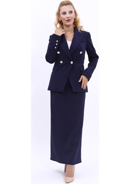 Erkek Yaka Çapraz Ceket & Uzun Düz Dar Etek-Lacivert