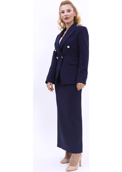 Erkek Yaka Çapraz Ceket & Uzun Düz Dar Etek-Lacivert fiyatları