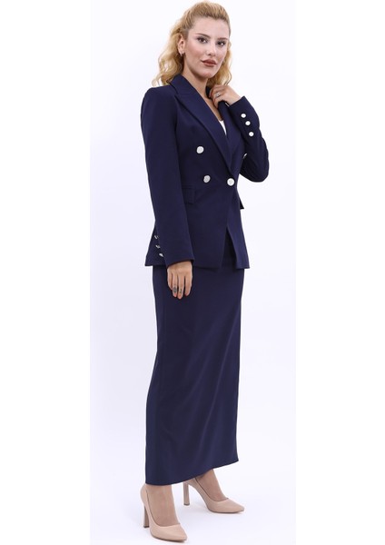 Erkek Yaka Çapraz Ceket & Uzun Düz Dar Etek-Lacivert modelleri