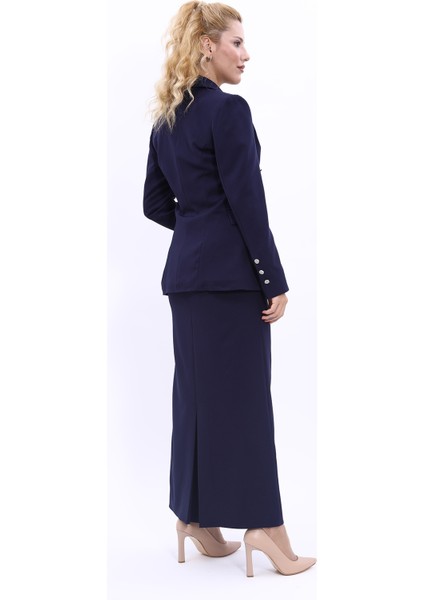 Erkek Yaka Çapraz Ceket & Uzun Düz Dar Etek-Lacivert fırsatları