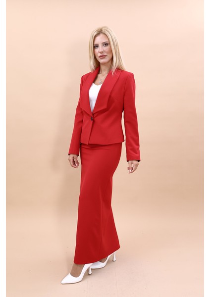 Midi Ceket & Uzun Kalem Etek Takım-Kırmızı