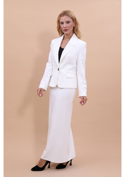 Erkek Yaka Tek Düğmeli Klasik Ceket & Uzun Düz Dar Etek-Beyaz