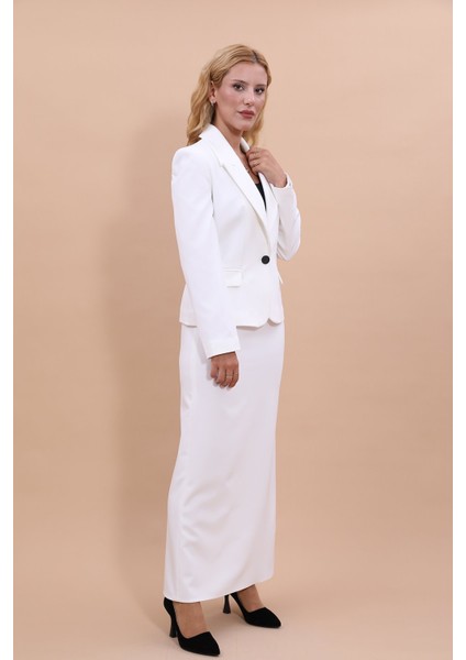 Erkek Yaka Tek Düğmeli Klasik Ceket & Uzun Düz Dar Etek-Beyaz fiyatları