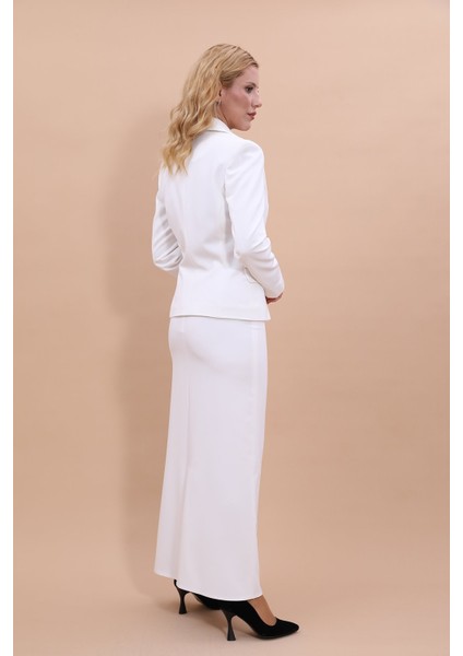 Erkek Yaka Tek Düğmeli Klasik Ceket & Uzun Düz Dar Etek-Beyaz modelleri