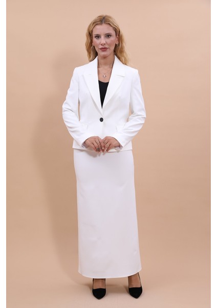 Erkek Yaka Tek Düğmeli Klasik Ceket & Uzun Düz Dar Etek-Beyaz fırsatları