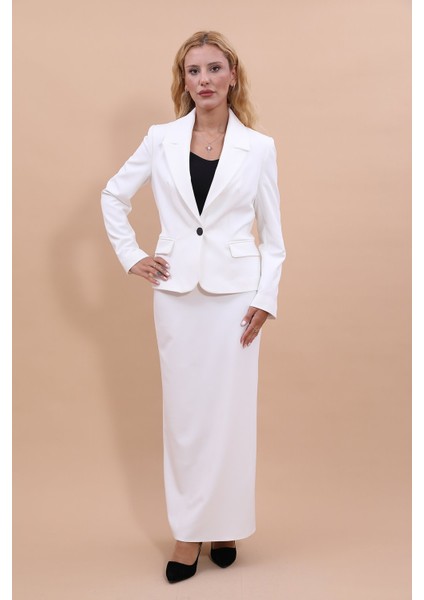 Erkek Yaka Tek Düğmeli Klasik Ceket & Uzun Düz Dar Etek-Beyaz indirimleri