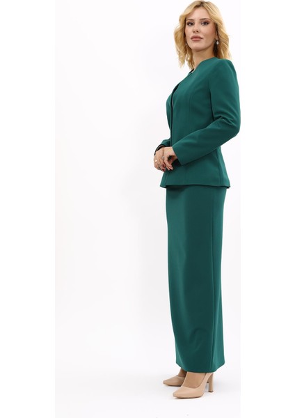 V Yaka Boydan Kuplu Kılasik Ceket & Uzun Düz Dar Etek-Zümrüt fiyatları