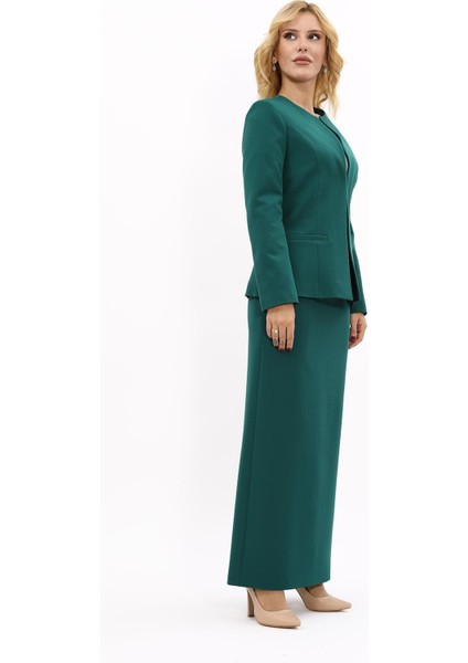 V Yaka Boydan Kuplu Kılasik Ceket & Uzun Düz Dar Etek-Zümrüt modelleri