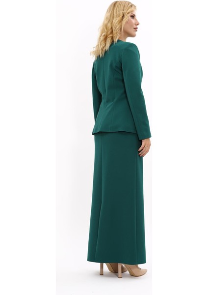 V Yaka Boydan Kuplu Kılasik Ceket & Uzun Düz Dar Etek-Zümrüt fırsatları