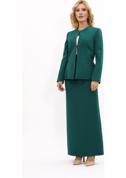 V Yaka Boydan Kuplu Kılasik Ceket & Uzun Düz Dar Etek-Zümrüt indirimleri