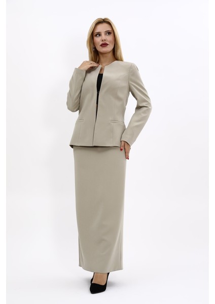 V Yaka Boydan Kuplu Kılasik Ceket & Uzun Düz Dar Etek-Bambu